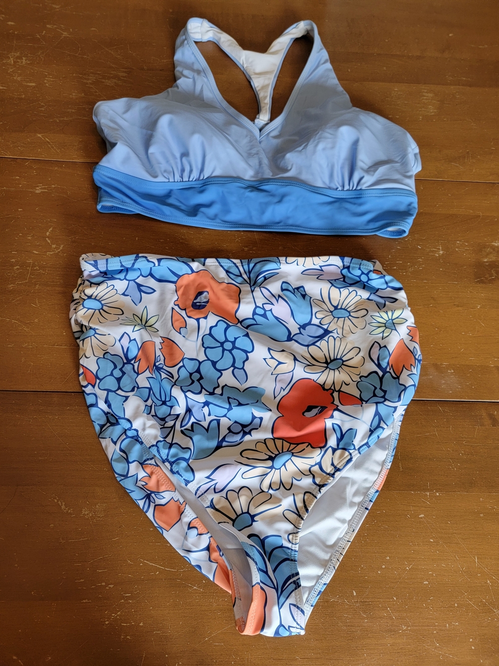 Womens Blue Floral High-Waist Swim Set - Light Blue Top & Multi Floral Bottom XL